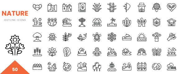 A collection of nature-themed outline icons showcasing flora, fauna, and landscapes.