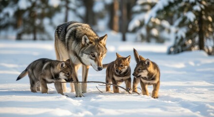 Naklejka premium A wolf and her two playful pups explore snowy terrain in a serene winter landscape with trees.