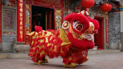 Energetic red-and-gold lion dances before a richly adorned temple with lanterns! amid festive drums