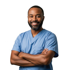 Smiling male doctor in blue scrubs with arms crossed on white isolated on transparent background