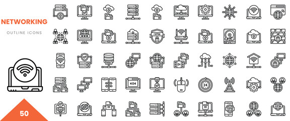 A collection of 50 outline icons representing various networking elements and devices.