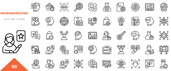 A collection of neuromarketing outline icons showcasing various concepts and tools.