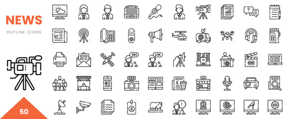 Collection of 50 outline icons illustrating various aspects of news media and reporting.