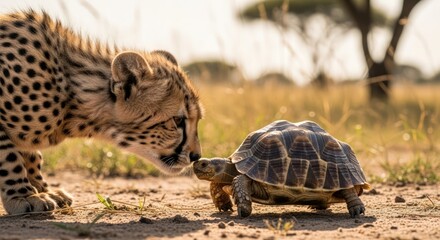 A curious cheetah sniffing a tortoise on dry savannah ground with warm sunlight and grassy terrain