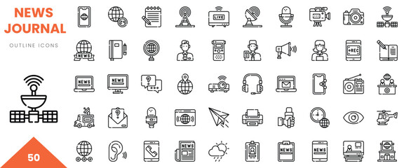 A collection of 50 outline icons depicting various aspects of news and journalism.