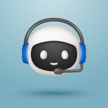 A cyborg or robot with a microphone and headphones realistic. Concept of artificial intelligence robot assistant for online customer support. AI voice support service bot. 3D vector illustration.