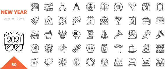 Collection of festive New Year outline icons, perfect for holiday celebrations and designs.