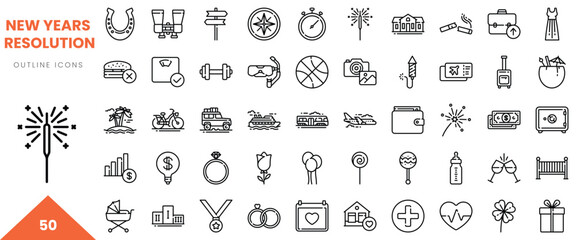 A collection of outline icons representing New Year's resolutions and celebrations.
