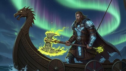 Viking Warrior with Glowing Axe on Dragon-Headed Longship Under Northern Lights.