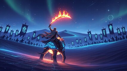Warrior on horseback with flaming sword leading an army under a vibrant aurora sky.