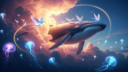 Whale Flying in a Dreamy Sky with Glowing Jellyfish and Birds.