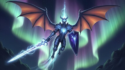 Winged Dragon Knight with Glowing Sword and Shield Amidst Aurora Borealis.