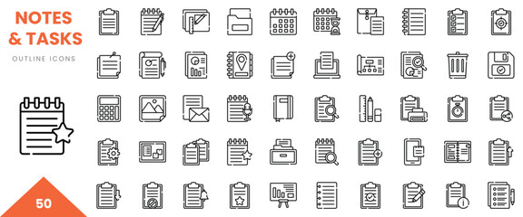 A collection of 50 minimalist outline icons for notes and tasks, featuring various organizational elements.