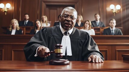 A judge, gavel in hand, presiding over a trial in a courtroom with a jury in the background - Powered by Adobe