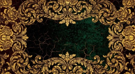 Ornate gold frame with floral patterns on a dark green background