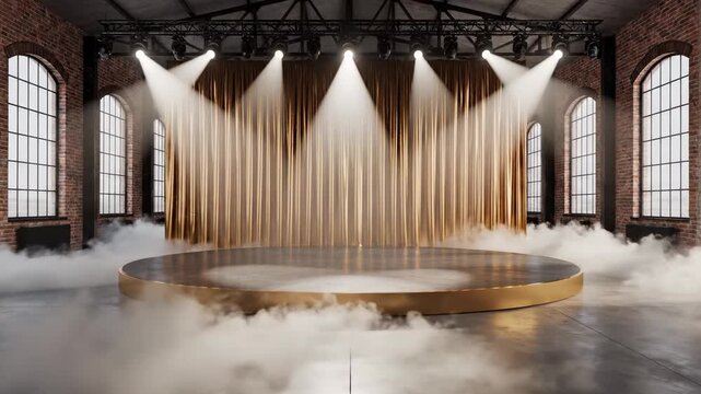 Empty Spotlight Stage with Golden Curtains and Dramatic Smoke in a Loft Venue