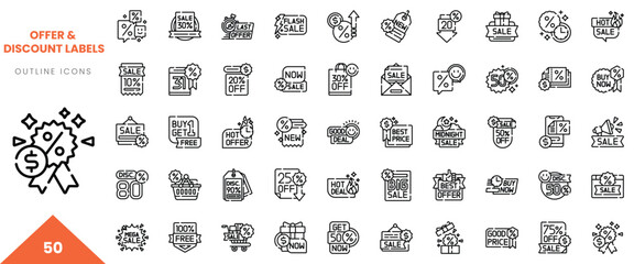 A collection of 50 outline icons representing various sale and discount labels.