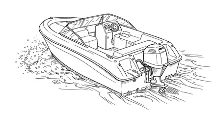 Line drawing of a motorboat moving through water with copy space