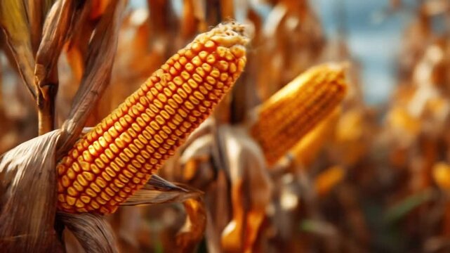 Sunlit corn ears on dry stalks, golden kernels glow; autumn harvest across a sunlit field, under sun