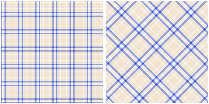 Set of Two Beige and Blue Plaid Seamless Patterns