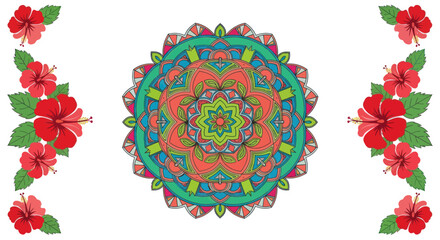 Intricate Floral Mandala with Red Hibiscus Accents. © ampuh