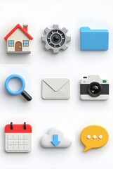 UI 3D Icon Set: Home, Settings gear, Folder, Search magnifier, Mail envelope, Camera, Calendar, Cloud storage, and Chat bubble. Isolated on white background