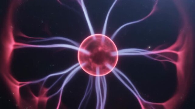 Plasma ball with red and blue electrical discharges.