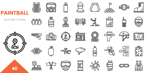 A collection of outline icons representing paintball equipment, players, and accessories.