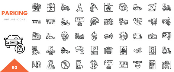 Collection of outline icons related to parking, featuring vehicles and signage elements.