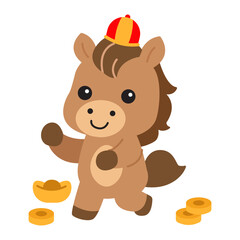Cute horse tossing gold coins cartoon character illustration for Lunar New Year 2026 money blessing prosperity celebration and zodiac festival design.