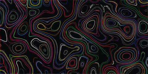 Psychedelic abstract topographic map with colorful swirling lines and contour shapes on a black background
