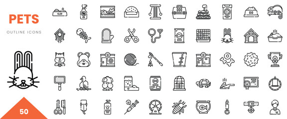 A collection of outline icons depicting various pet-related items and activities.