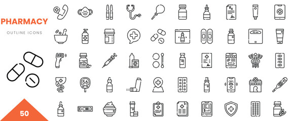 Collection of pharmacy outline icons including medicine, syringes, and health symbols.