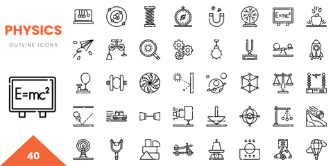 A collection of 40 physics outline icons, showcasing various scientific concepts and tools.