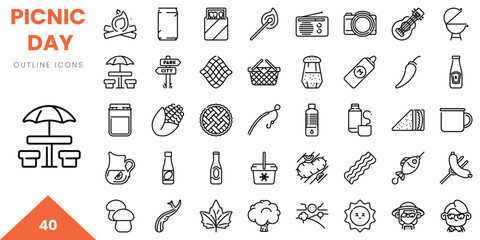 A collection of picnic-themed outline icons, perfect for outdoor dining and leisure activities.