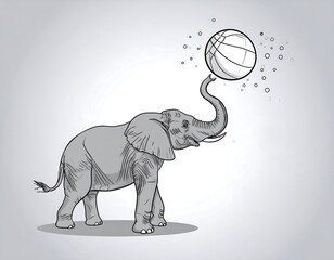 Line drawing of an elephant balancing a basketball on its trunk, with bubbles