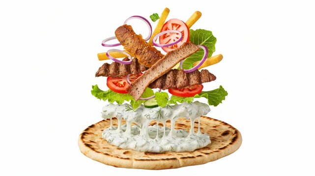 Delicious Gyro Sandwich Floating Ingredients Animation on White Backdrop Food Preparation Process