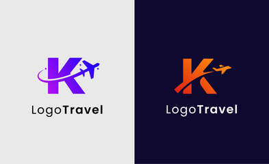 Collection Travel Logo Flight Airplane icon and Letter K, Travel agency illustration modern and minimalist concept.