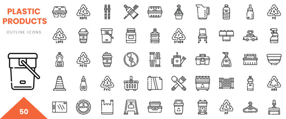 Illustration of various plastic products, featuring outline icons including containers and recyclable symbols.
