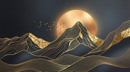 Luxury Abstract Black and Gold Mountain Landscape with Sun and Birds