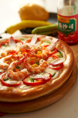 High Resolution Seafood Pizza On Wooden Board