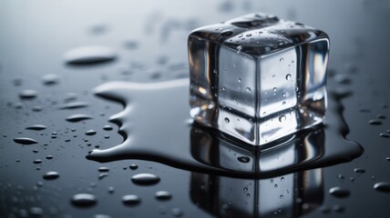 Ice Cube's cool moment: A solitary ice cube glistens as it slowly melts, transforming into a puddle of water. This image captures the beauty of transience.