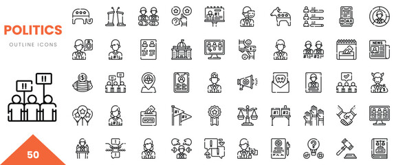 Collection of outline icons related to politics, featuring diverse symbols and figures representing governance.