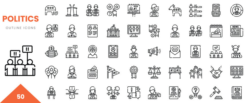 Collection of outline icons related to politics, featuring diverse symbols and figures representing governance.