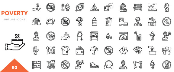 A collection of 50 outline icons representing themes related to poverty and social issues.