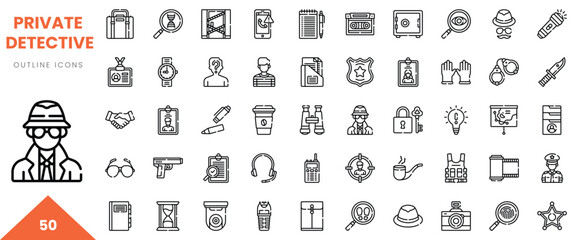 Collection of private detective outline icons featuring tools, symbols, and professions related to investigation.
