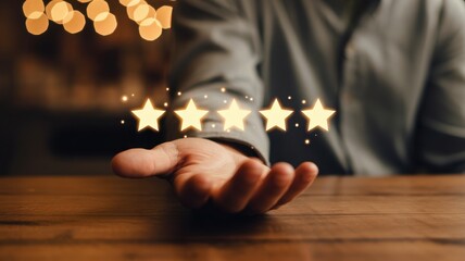 Customer Satisfaction and Excellent: A person's hand with five stars floating above it on a wooden table, emphasizing excellence and customer satisfaction.