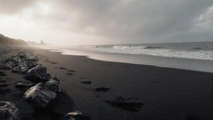 Gloomy Beachscape - Dark Sand, Rocks, and Overcast Sky.