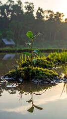 Small plant sprouts from mud amid reflecting water and trees