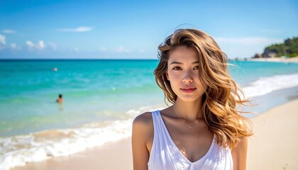 Portrait of a woman with long hair on a tropical beach, clear skies